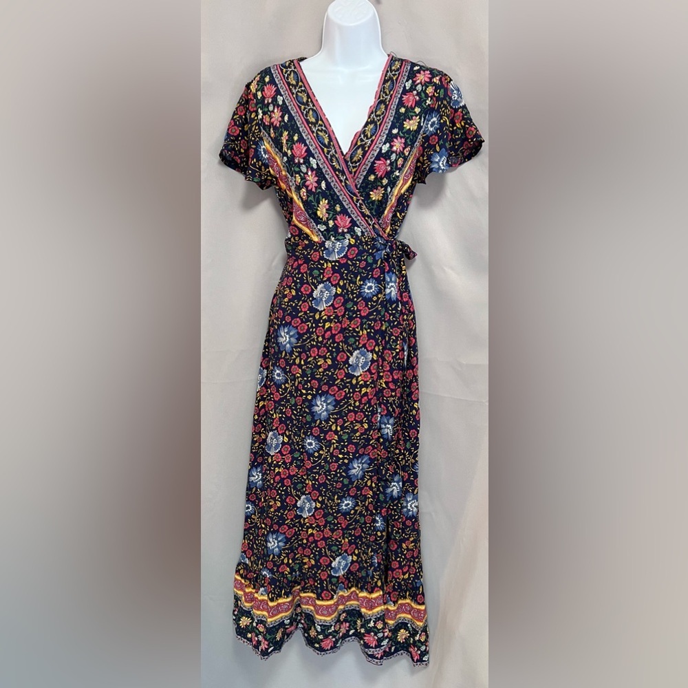 Floral Wrap Maxi Dress in Navy with Pink and Blue Accents